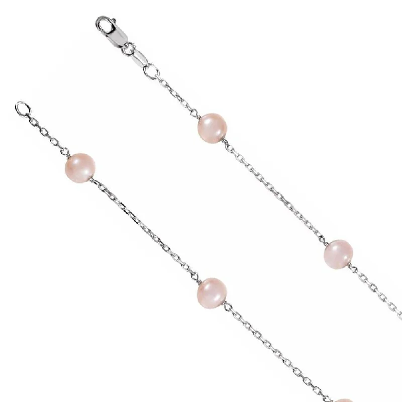 Ladies necklaces for home days -6mm Sterling Silver FW Pink Cultured Pearl Station Necklace, 18 Inch