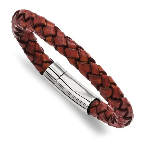 Ladies bracelets with amber citrine -Stainless Steel Braided Brown Leather Bracelet