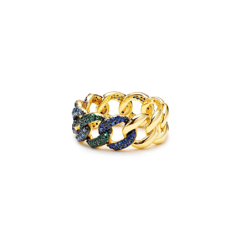 ladies-pearl-cluster-rings-THE BLUE & GREEN HALF STONE CUBAN LINK RING