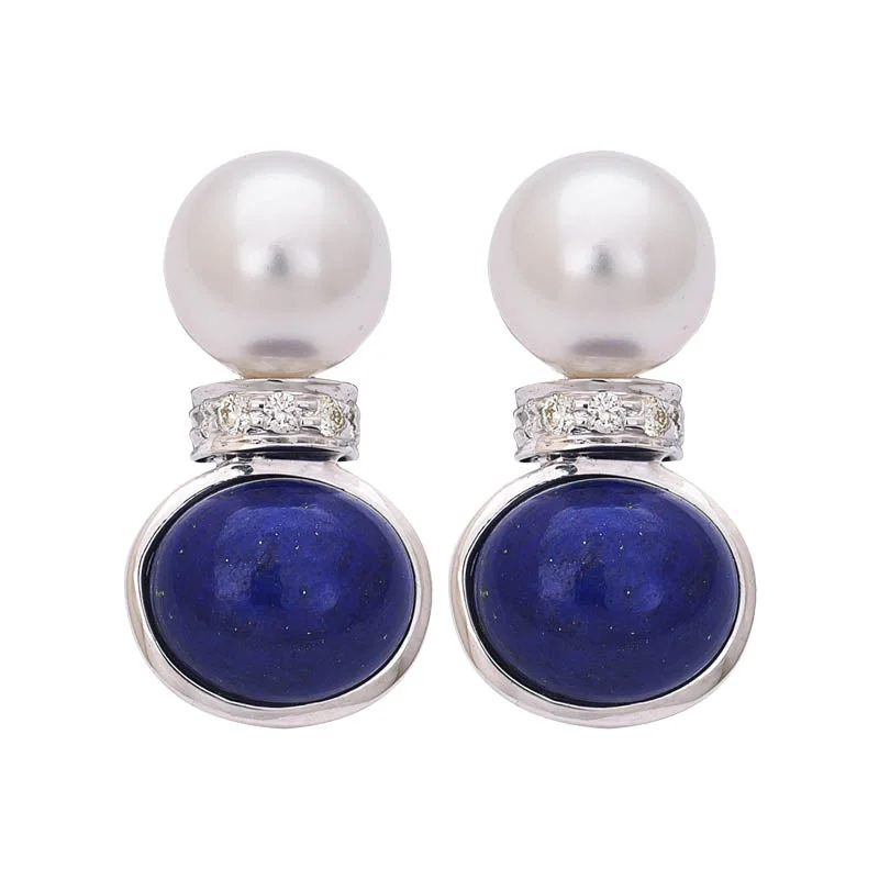 ladies-fashion-diamond-earrings-EARRINGS- LAPIS LAZULI, S.S. PEARL AND DIAMOND IN STERLING SILVER