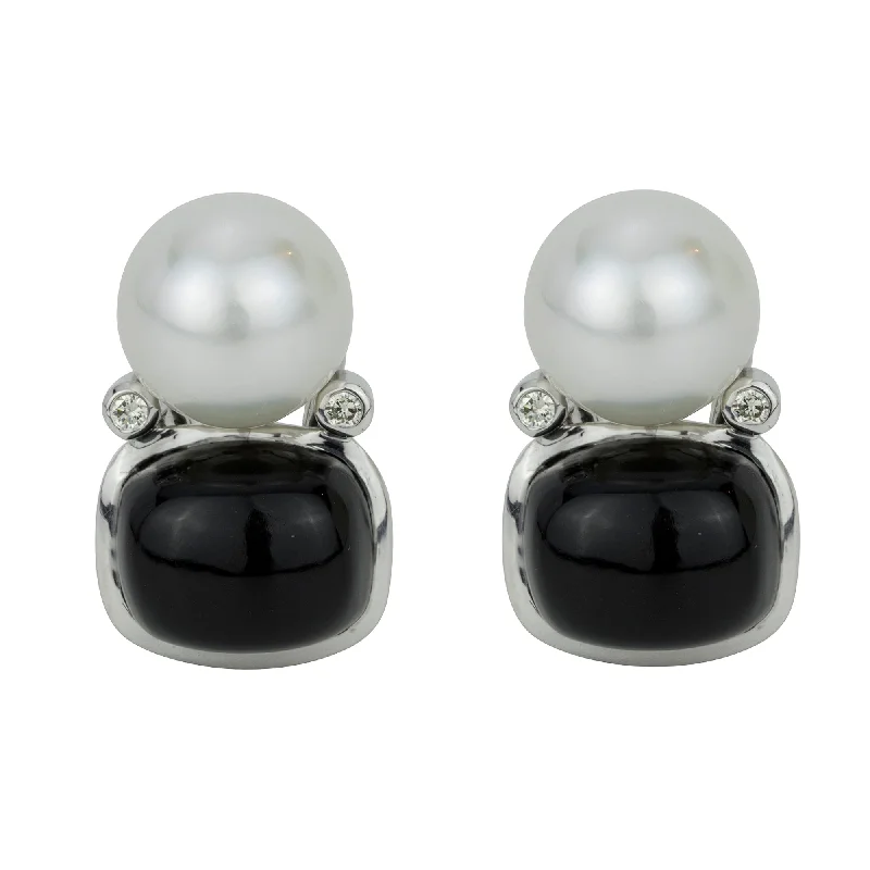 ladies-wedding-clip-on-earrings-Earrings- Black Onyx, South Sea Pearl And Diamond