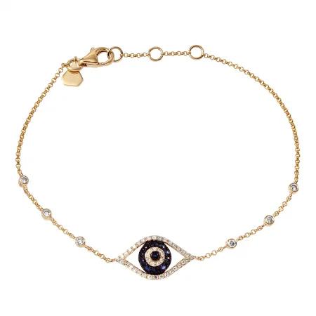 Ladies bracelets for crew vibes -14K Yellow Gold Diamond and Blue Sapphire "Evil Eye" Bracelet