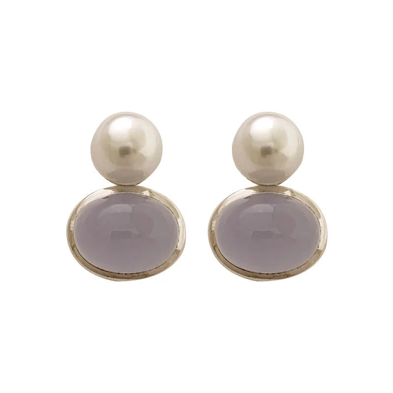 ladies-modern-leverback-earrings-EARRINGS- CHALCEDONY, S.S. PEARL IN STERLING SILVER