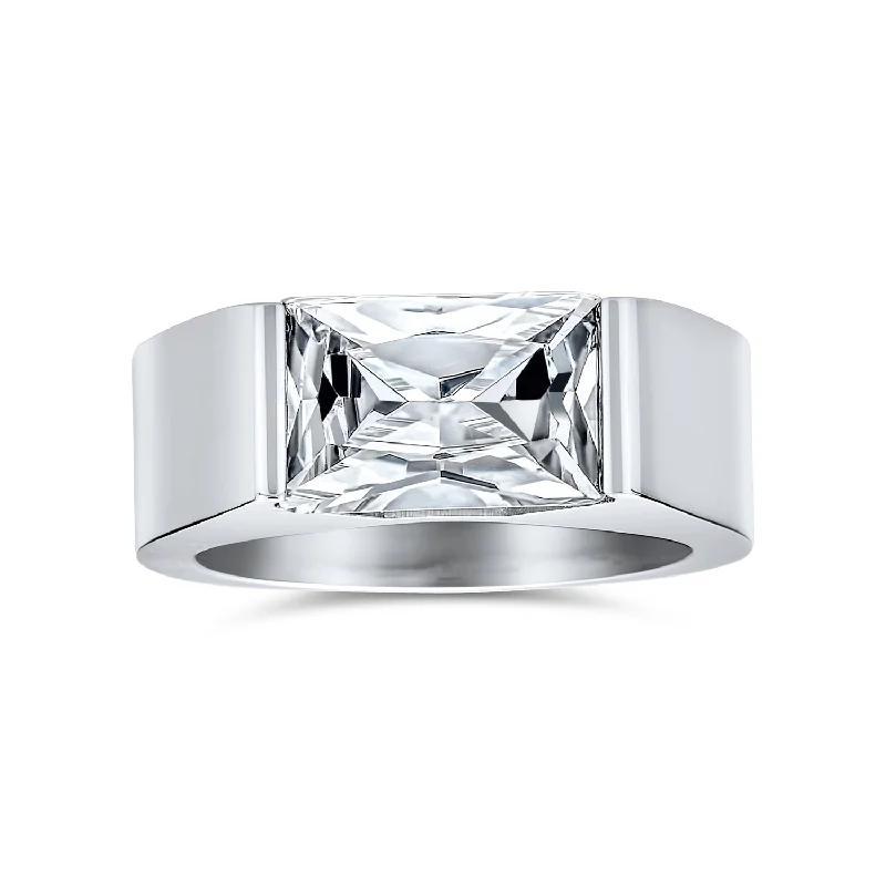 engagement-heart-wide-band-rings-4CT Imitation Sapphire Emerald Cut CZ Mens Engagement Ring Stainless