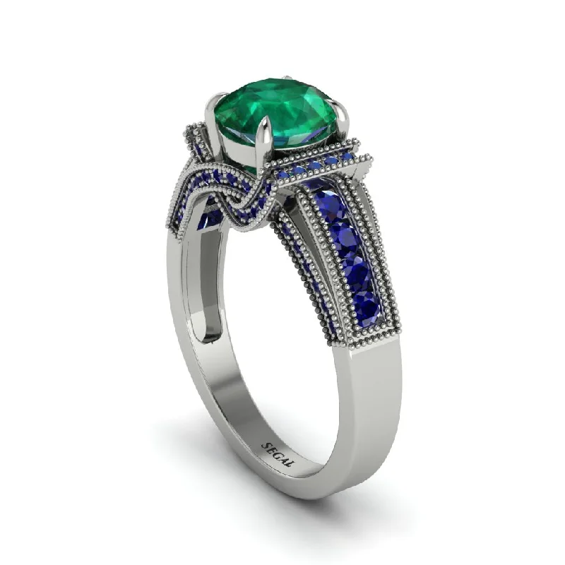 engagement-silver-wide-band-rings-Emerald Eternal Embrace Milgrain Engagement Ring - Fernanda No. 66