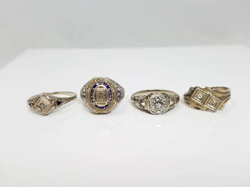 ladies-platinum-narrow-band-rings-Four Gorgeous 8k-13k White Gold 1930's Art Deco Natural Diamond Ring Lot