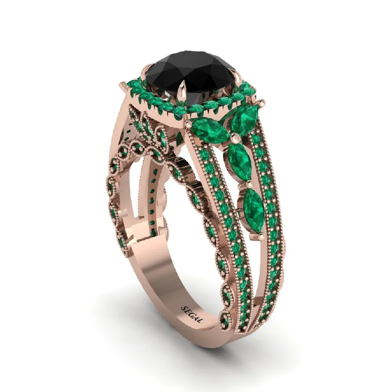 engagement-custom-emerald-rings-Black Diamond Eternal Embrace Double Shank Filigree Engagement Ring - Celine No. 23