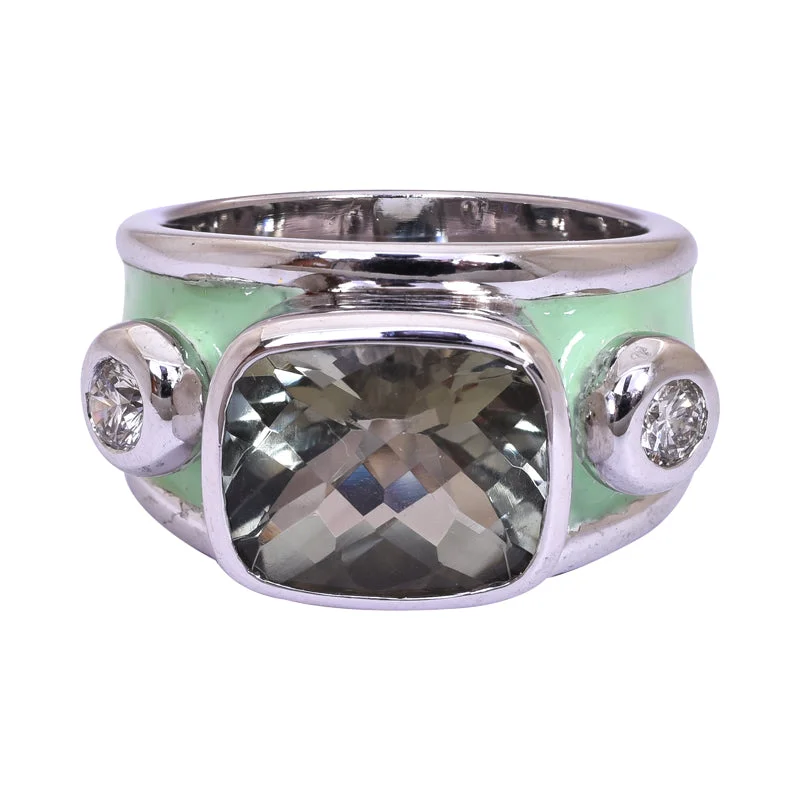 ladies-emerald-cut-platinum-rings-Repair - Ring - Green Quartz and Diamond (Enamel) in Sterling Silver (255JS)