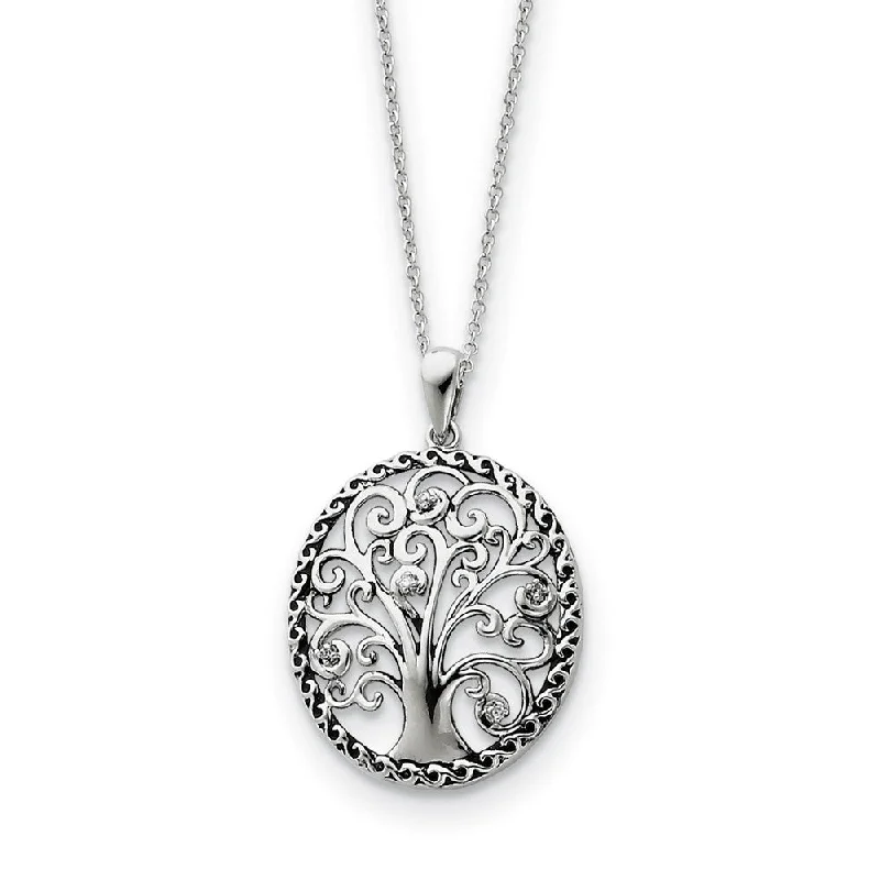 Ladies necklaces for serene vibes -Rhodium Plated Sterling Silver & CZ Tree of Life Necklace, 18 Inch