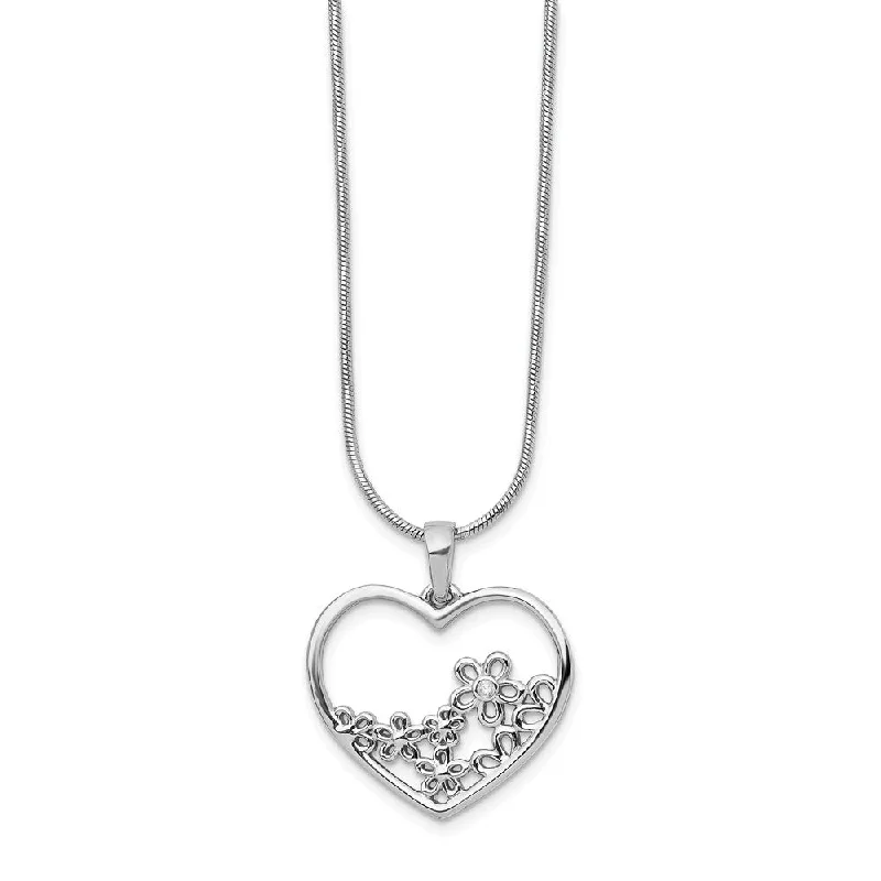 Ladies necklaces for stylish wardrobes -Heart & Flower Diamond Necklace in Rhodium Plated Silver, 18-20 Inch