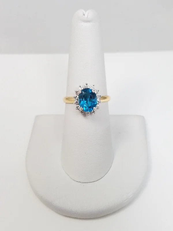 ladies-silver-bezel-rings-Gorgeous 2ct Natural Blue Topaz Diamond Halo Ring in 14k Yellow Gold