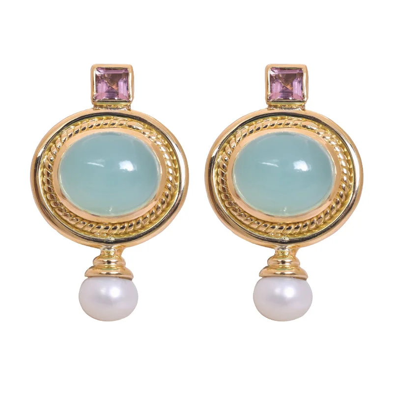 ladies-birthstone-french-wire-earrings-Earring-Chalcedony, Tourmaline & Pearl in 18K