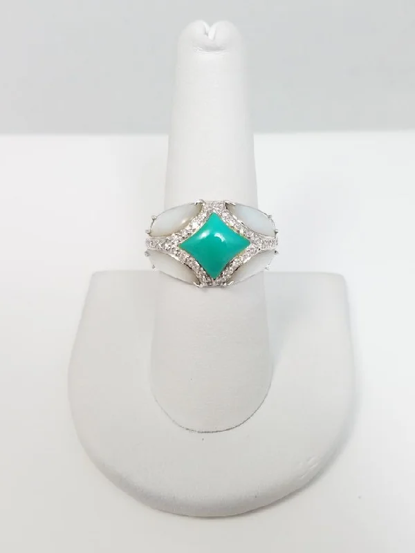 ladies-silver-bezel-rings-Luxurious 14k White Gold Natural Turquoise Mother Of Pearl Natural Diamond Custom Ring