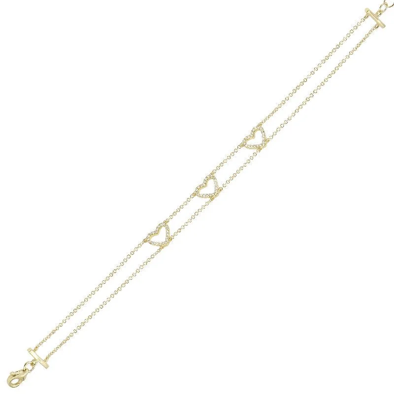 Ladies bracelets delicate links -14K Yellow Gold Triple Open Diamond Heart Bracelet