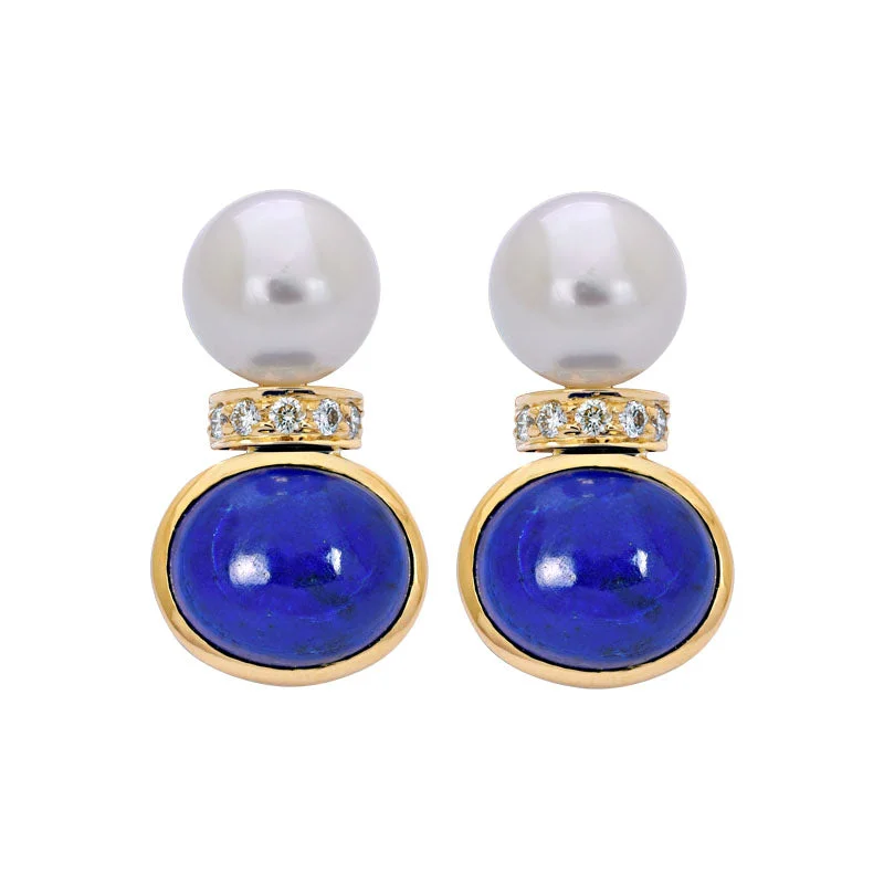 ladies-clip-on-pearl-earrings-Earrings- Lapis Lazuli, South Sea Pearl and Diamond