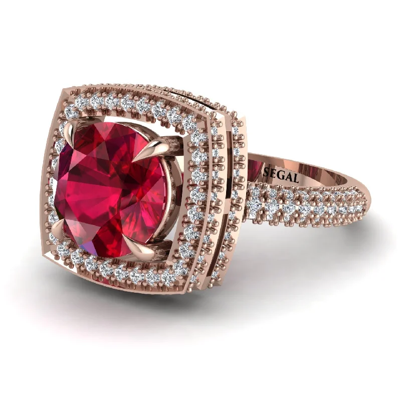 engagement-cushion-cut-white-gold-rings-Round Ruby Double Halo Engagement Ring - Kayleigh No. 11