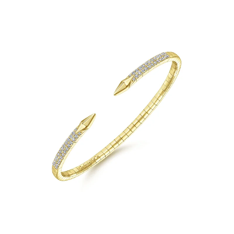 Ladies bracelets with halo pendants -14K Yellow Gold Diamond Arrow-Shaped Open Cuff Bangle Bracelet