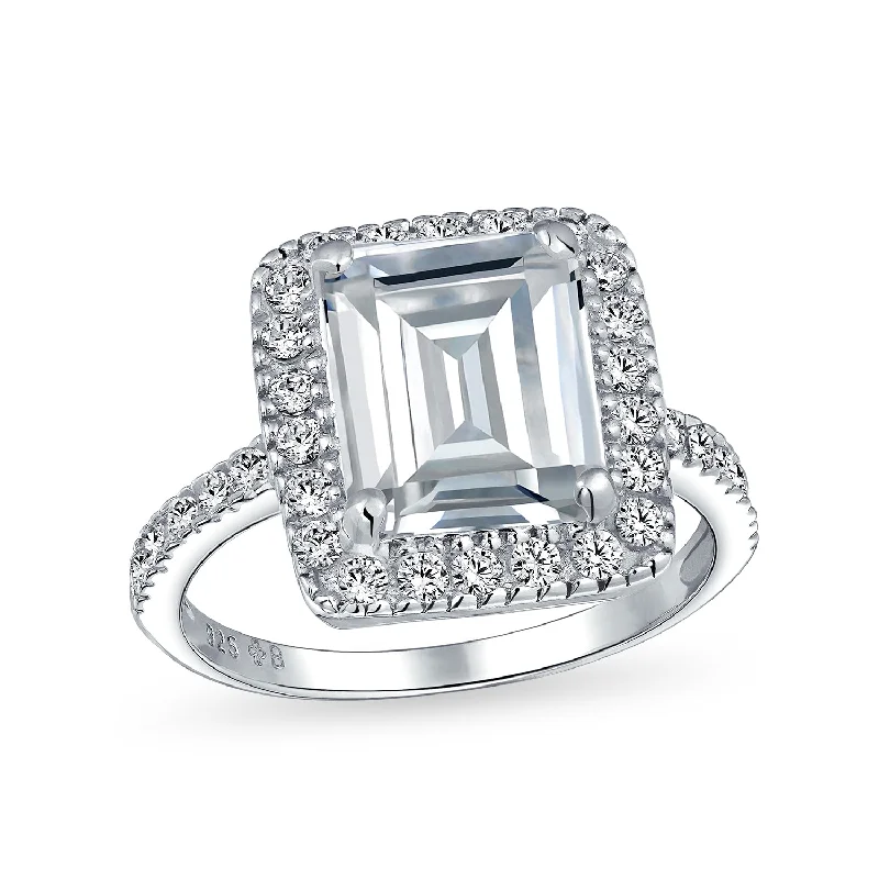 engagement-princess-cut-silver-rings-Art Deco 5CT Emerald Cut CZ Halo Engagement Ring with Thin Pave Band Silver