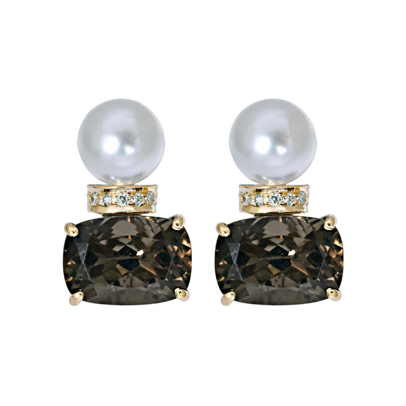 ladies-flower-leverback-earrings-Earrings- Smokey Quartz, South Sea Pearl and Diamond