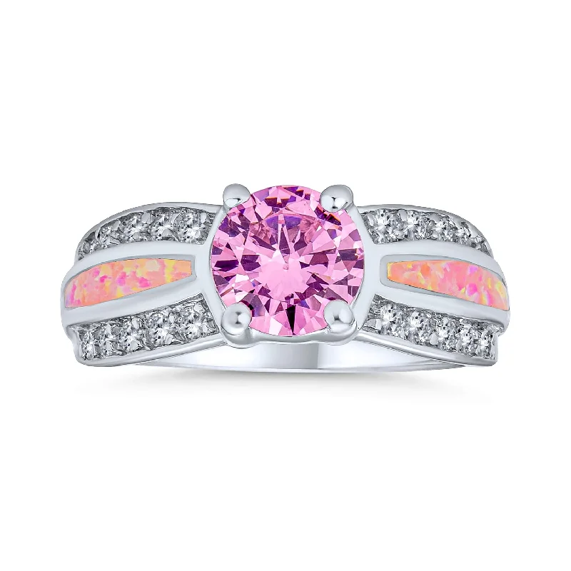 engagement-pearl-bypass-rings-Unique Pink AAA CZ Round Solitaire Engagement Ring with Opal Inlay Band