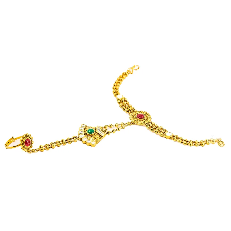 Ladies bracelets for rebel vibes -22K Yellow Gold Panja Finger Bracelet W/ Kundan & Multi-Strand Bead Chain