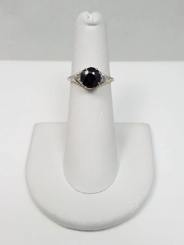 ladies-emerald-accent-rings-Fine 1930's Art Deco 18k White Gold Natural Garnet Diamond Ring