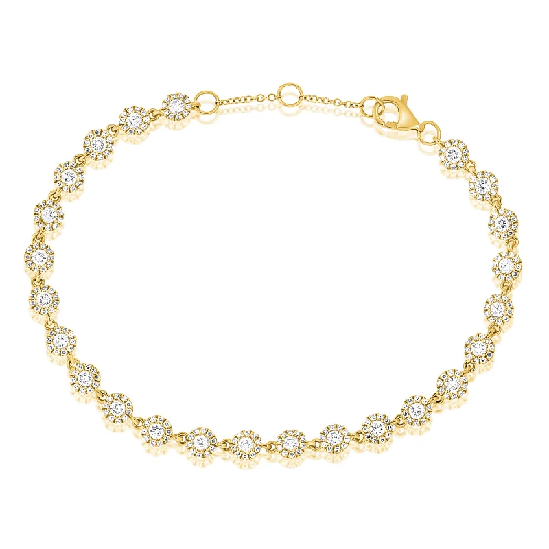 Ladies bracelets for coastal vibes -14K Yellow Gold Diamond Halo Tennis Bracelet