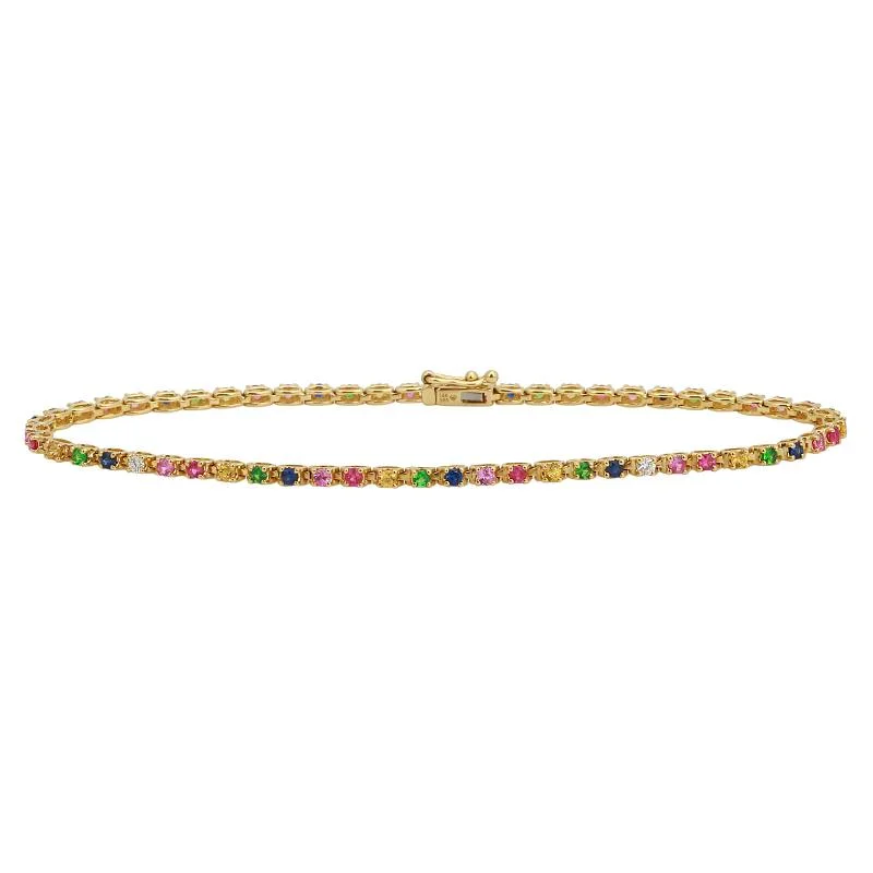 Ladies bracelets with zirconia accents -14k Yellow Gold Rainbow Gemstone Tennis Bracelet