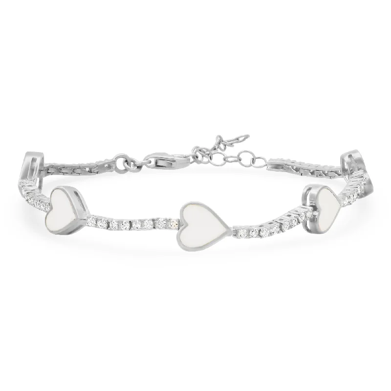 Ladies bracelets for ridge vibes -WHITE HEARTS ENAMEL BRACELET, SILVER