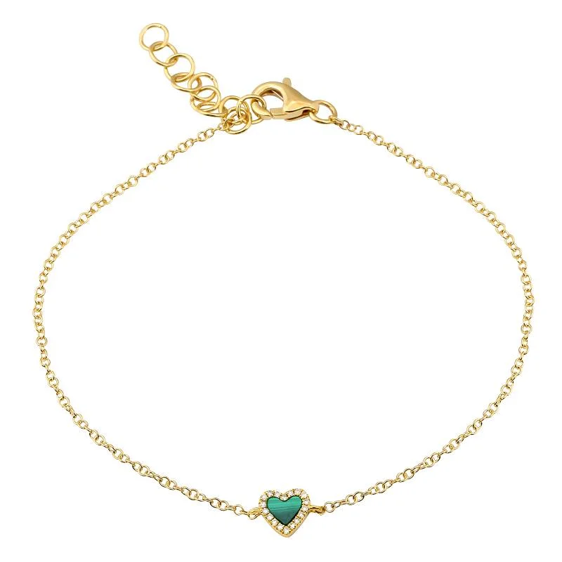 Ladies bracelets with nova charms -14k Yellow Gold Diamond and Malachite Heart Bracelet