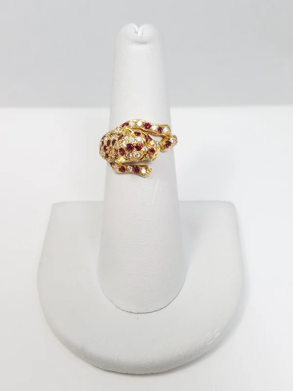 ladies-elegant-white-gold-rings-Ferocious 18k Yellow Gold Natural Ruby Diamond Leopard Ring