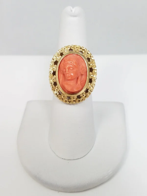 ladies-heart-sapphire-rings-Vintage Coral Cameo 14k Yellow Gold Ring