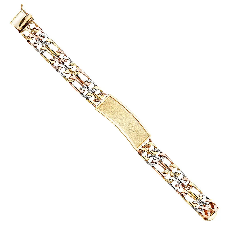 Ladies bracelets sculpted elegance -14K Tri-Color Nugget Figaro Link ID Bracelet