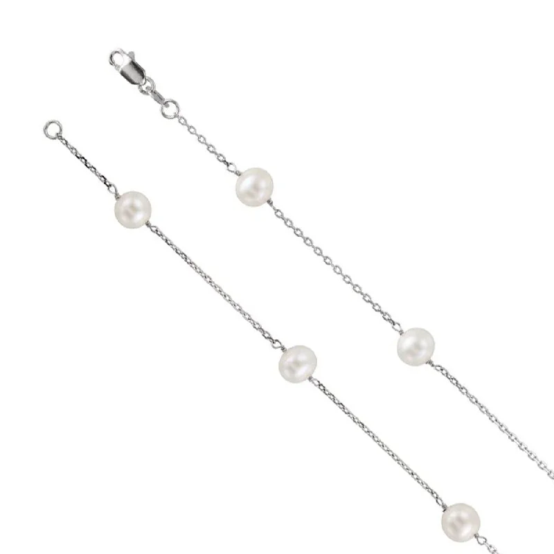 Ladies necklaces for music vibes -5mm 14K White Gold Freshwater Cultured Pearl Station Necklace, 18 In