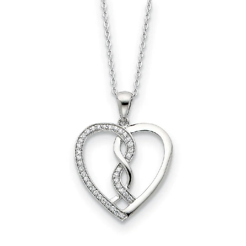 Ladies necklaces for family love -Rhodium Plated Sterling Silver & CZ Hearts Joined Together Necklace