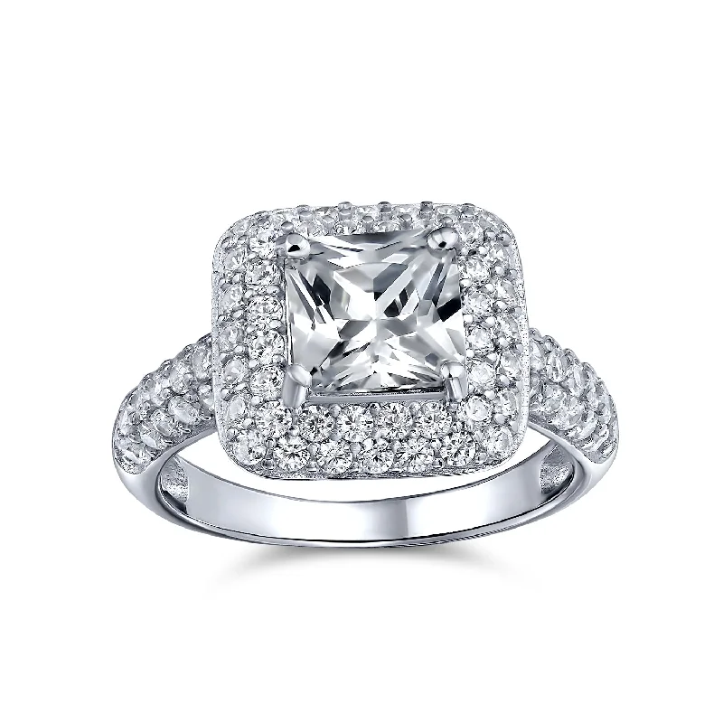 engagement-radiant-cut-emerald-rings-3CT Princess Cut Solitaire AAA CZ Halo Engagement Ring Sterling Silver