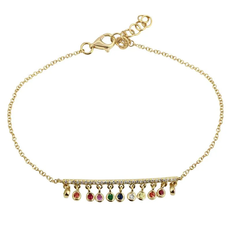 Ladies bracelets for bestie gifts -14K Yellow Gold Dangling Multi-Sapphire Rainbow Bracelet