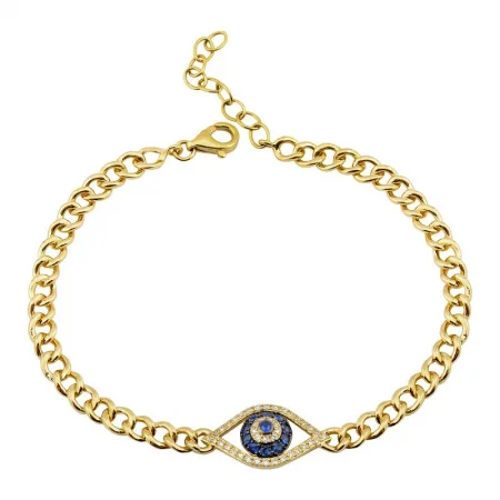 Ladies bracelets with harmony charms -14k Yellow Gold Evil Eye & Cuban Link Chain Bracelet