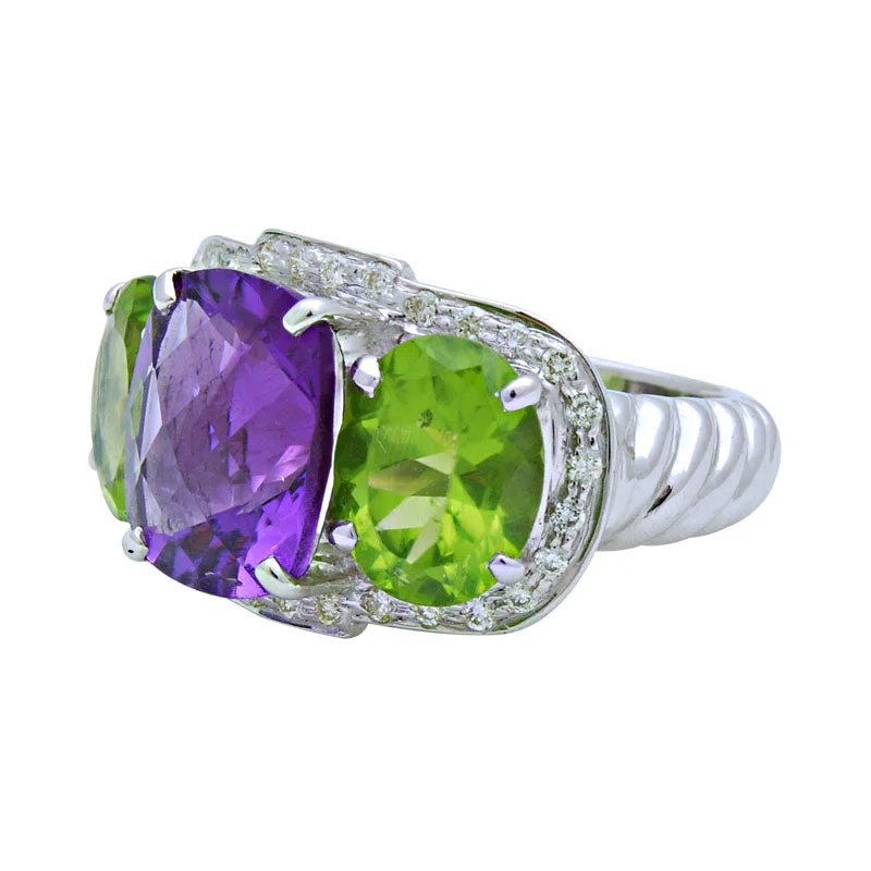 ladies-heart-gold-rings-Ring-Amethyst, Peridot and Diamond