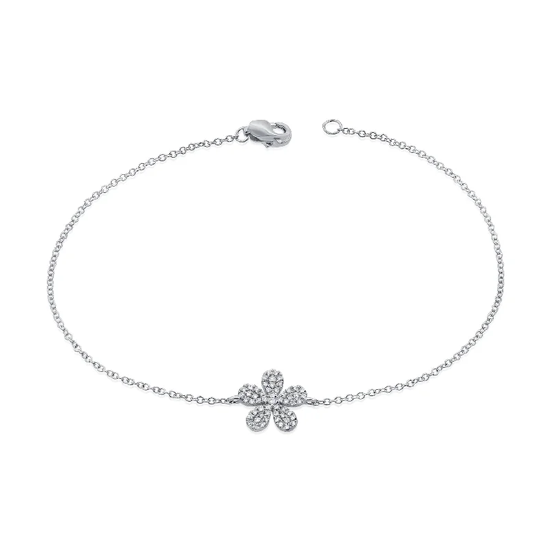 Ladies bracelets with bark pendants -14K White Gold Diamond Pave Flower Bracelet