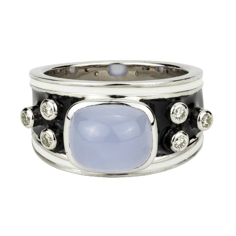 ladies-white-gold-wide-band-rings-Ring - Chalcedony And Diamond (enamel)