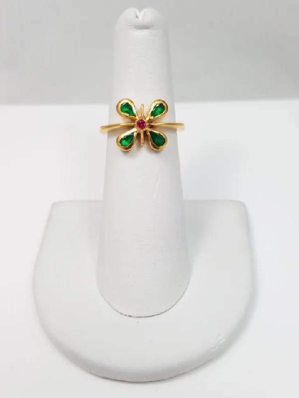 ladies-gold-pave-rings-Cute 20k Yellow Gold Emerald & Ruby Flower Ring