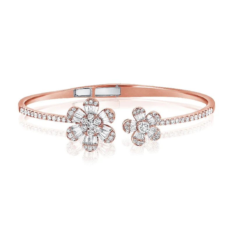 Ladies bracelets timeless flair -14K Rose Gold Baguette Double Flower Hinged Cuff Bracelet