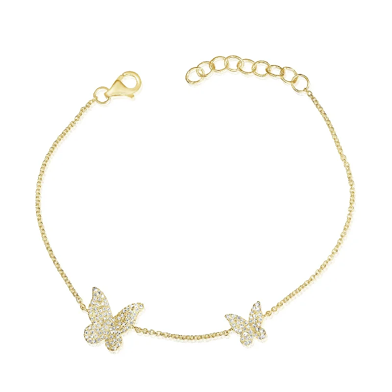 Ladies bracelets for adventure days -14K Yellow Gold Diamond Pave Double Butterfly Bracelet