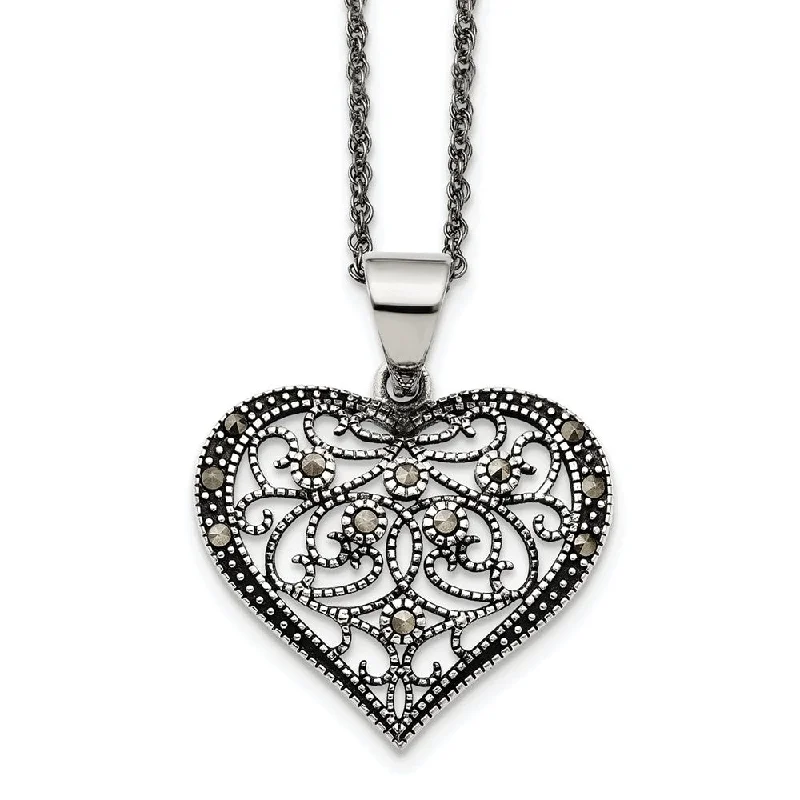 Ladies necklaces with lunar pendants -Marcasite Scroll Heart Necklace in Antiqued Stainless Steel, 20 Inch