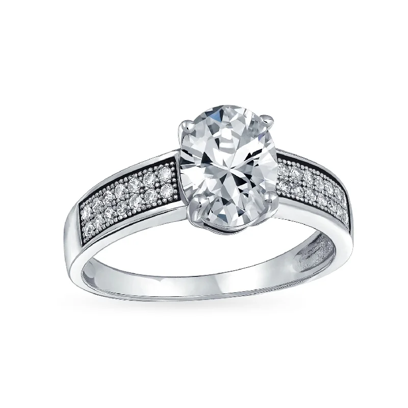 engagement-custom-white-gold-rings-Traditional Bridal 2-3CT Oval Solitaire Engagement Ring with Micro Pave Band Silver