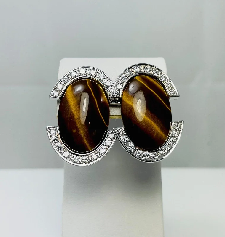 ladies-sterling-silver-bar-earrings-Large Vintage Natural Tiger's Eye Diamond 14k White Gold Earrings