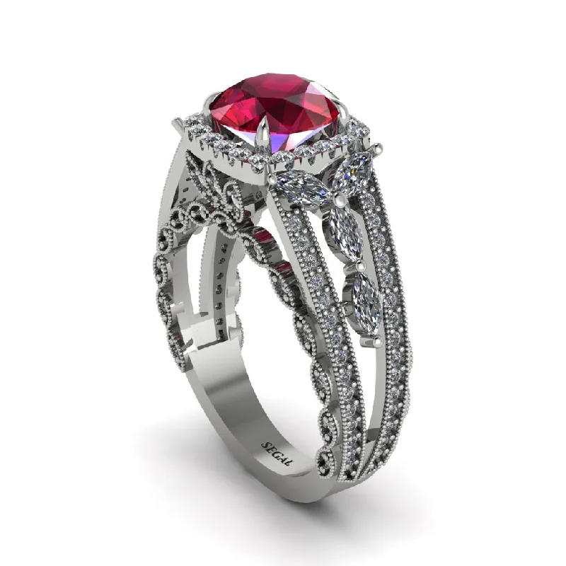 engagement-heart-wide-band-rings-Ruby Eternal Embrace Double Shank Filigree Engagement Ring - Celine No. 12