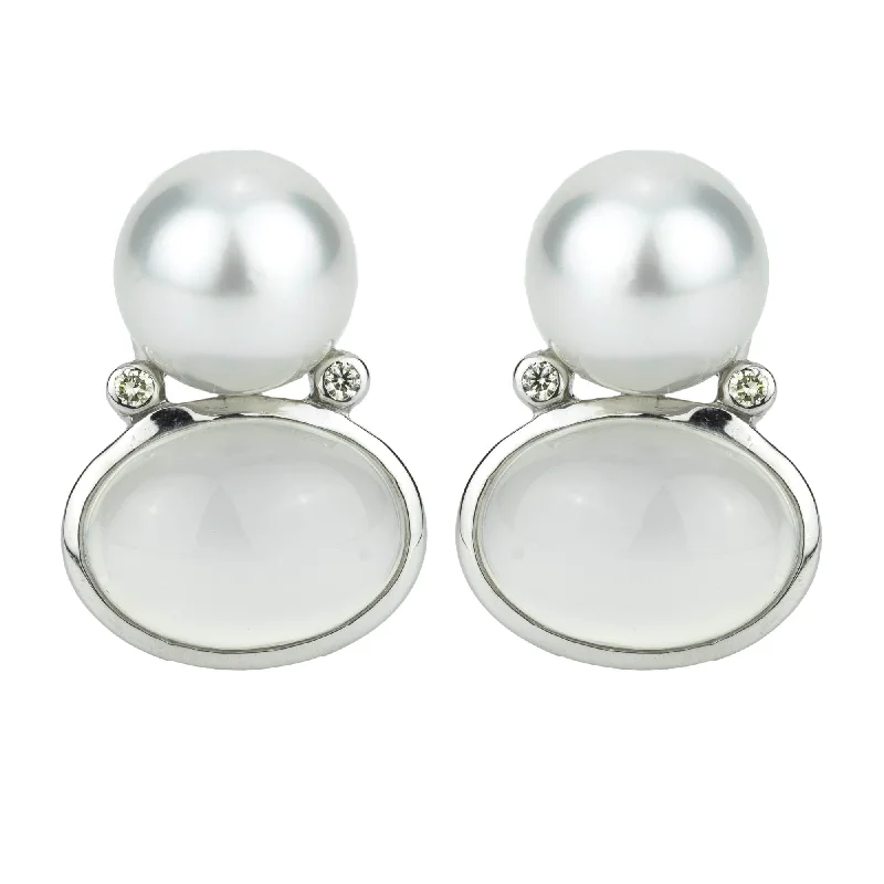 ladies-flower-silver-earrings-Earrings - Moonstone, South Sea Pearl And Diamond