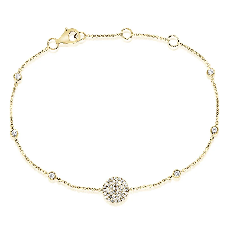 Ladies bracelets for escape vibes -14K Yellow Gold Diamond Pave Disc & Bezel Station Bracelet